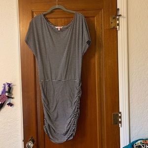 Ruched black and white striped cotton dress